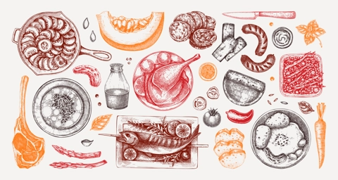 Farmhouse food hand drawn vector illustrations. Rustic kitchen engraved style sketches. Family dinner design elements. NOT AI generated.
